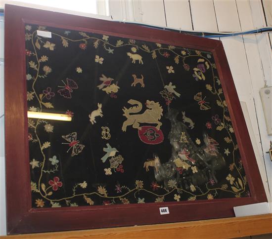 Framed felt applique 19thC panel of animals, birds & insects etc